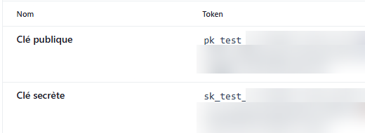 Tableau des clés API Stripe, valeurs masquées